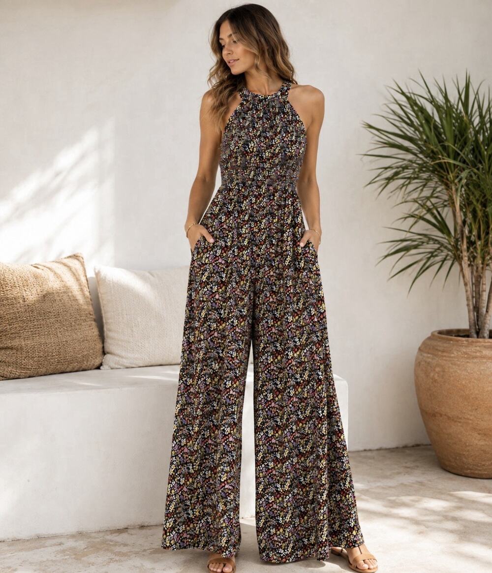 LOFT Floral Smocked Halter Maxi Dress Size 10 Black Ditsy Print Sleeveless Boho